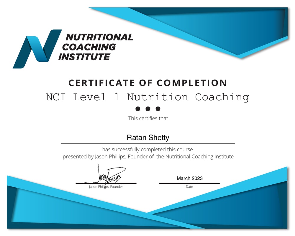 NCI Level 1 Nutrition Coaching certificate awarded to Ratan Shetty in March 2023